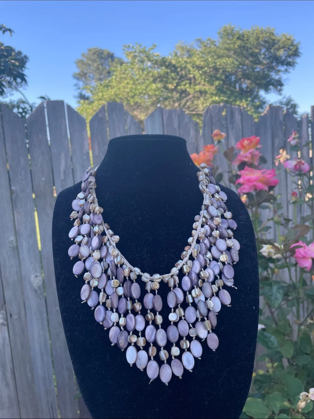 Mother of Pearl Bib Necklace purple and natural color